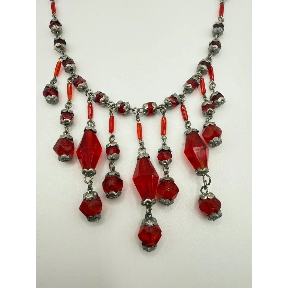 Vintage Red Glass‎ Fringe Bib Necklace Silver Tone Beaded Art Deco